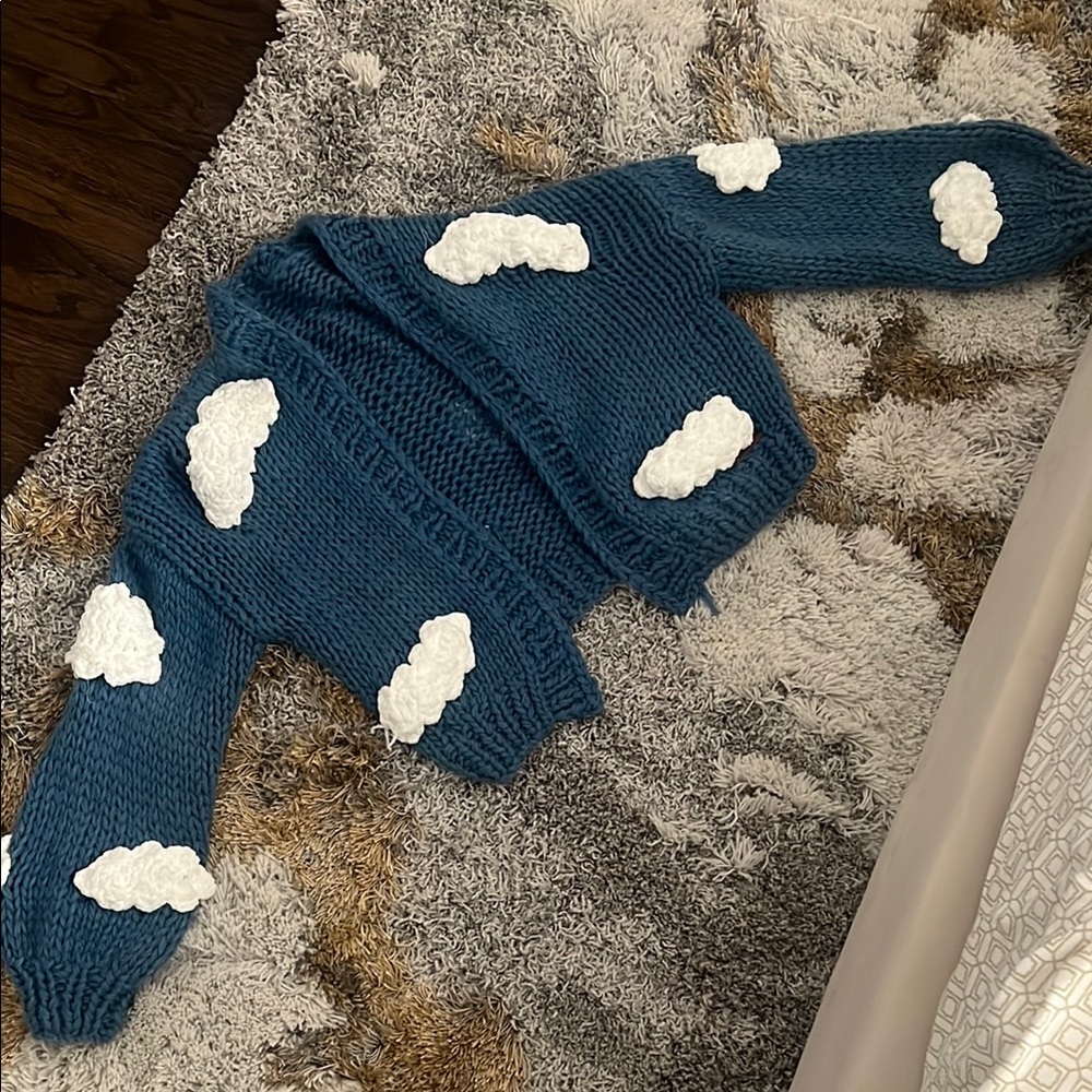 Blue Crochet Sweater with White Cloud Design